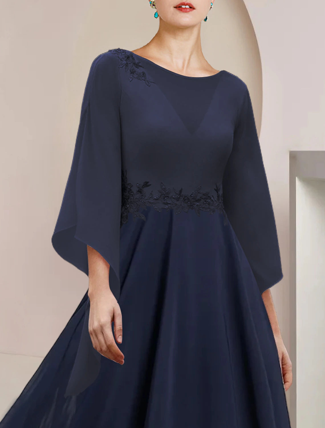 Wholesale  A-Line Mother of the Bride Dress Wedding Guest Party Elegant Scoop Neck Tea Length Chiffon Lace 3/4 Length Sleeve with Appliques